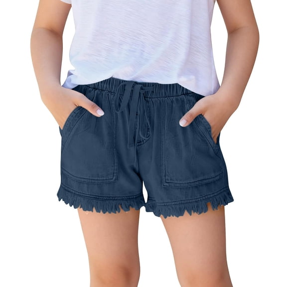 WQNVRNR Girls Jean Shorts- Casual Cute Loose Elastic Waist Drawstring Denim Shorts with Pockets Navy Size 8