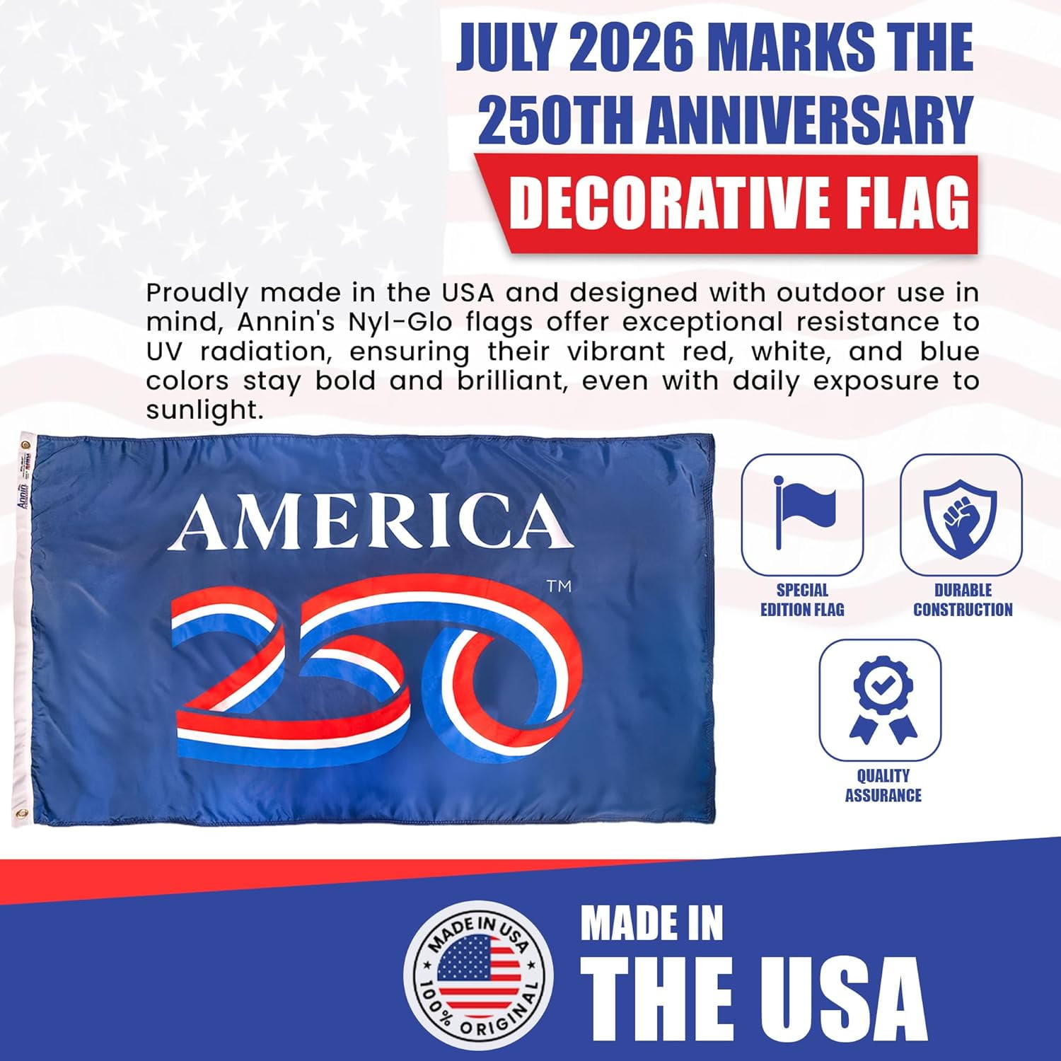 USA 250th Anniversary Flag 3ft x 5ft | USA-Made Nyl-Glo Nylon Outdoor Flag | Durable Canvas Header and Brass Grommets | UV Resistant Colors | Special Edition 250 Celebration Flag