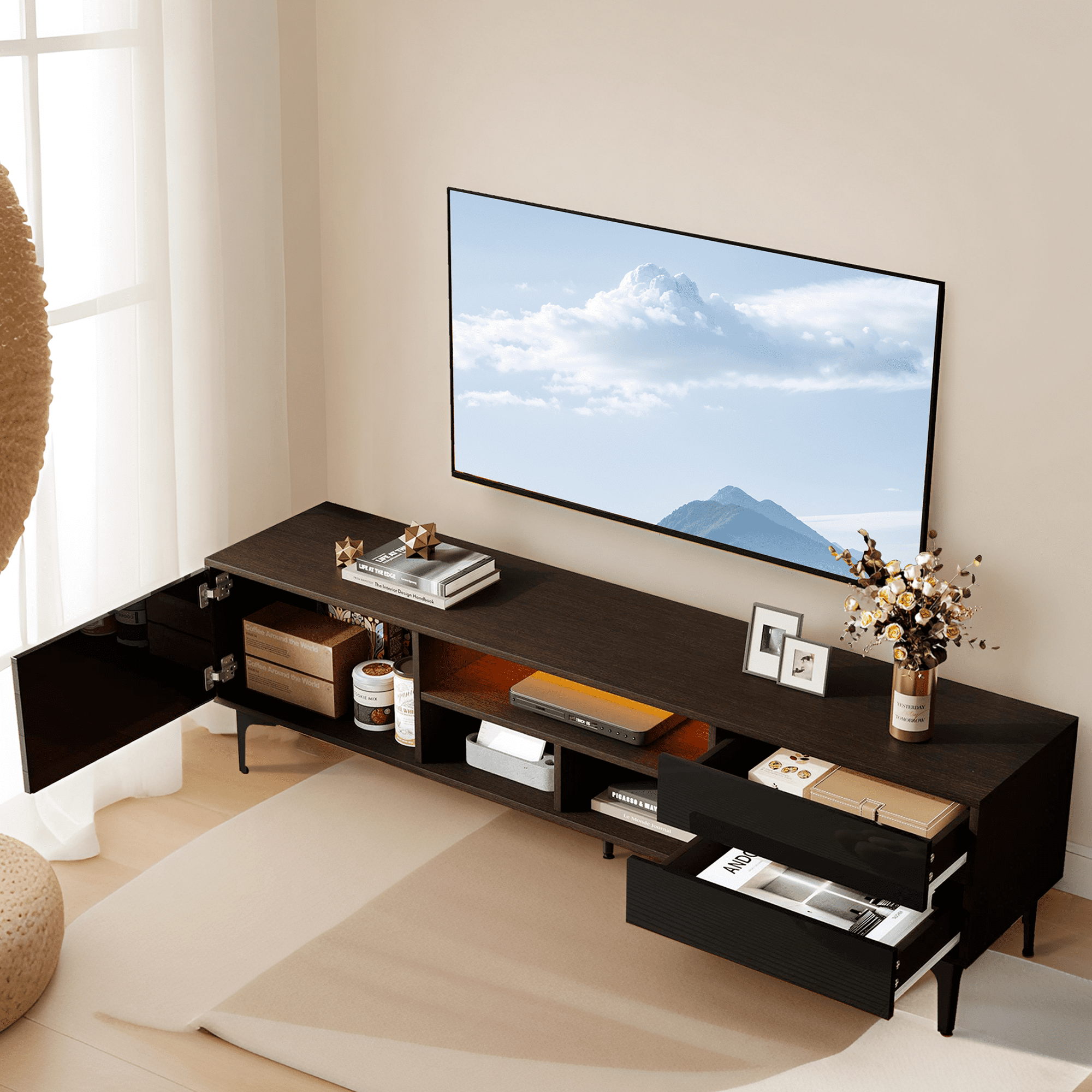 PORKISS 63" High Gloss LED TV Stand for TVs up to 70", Modern Low Profile TV Entertainment Center with RGB Lights, Remote/App Control, Storage Drawers and Open Shelves, Black