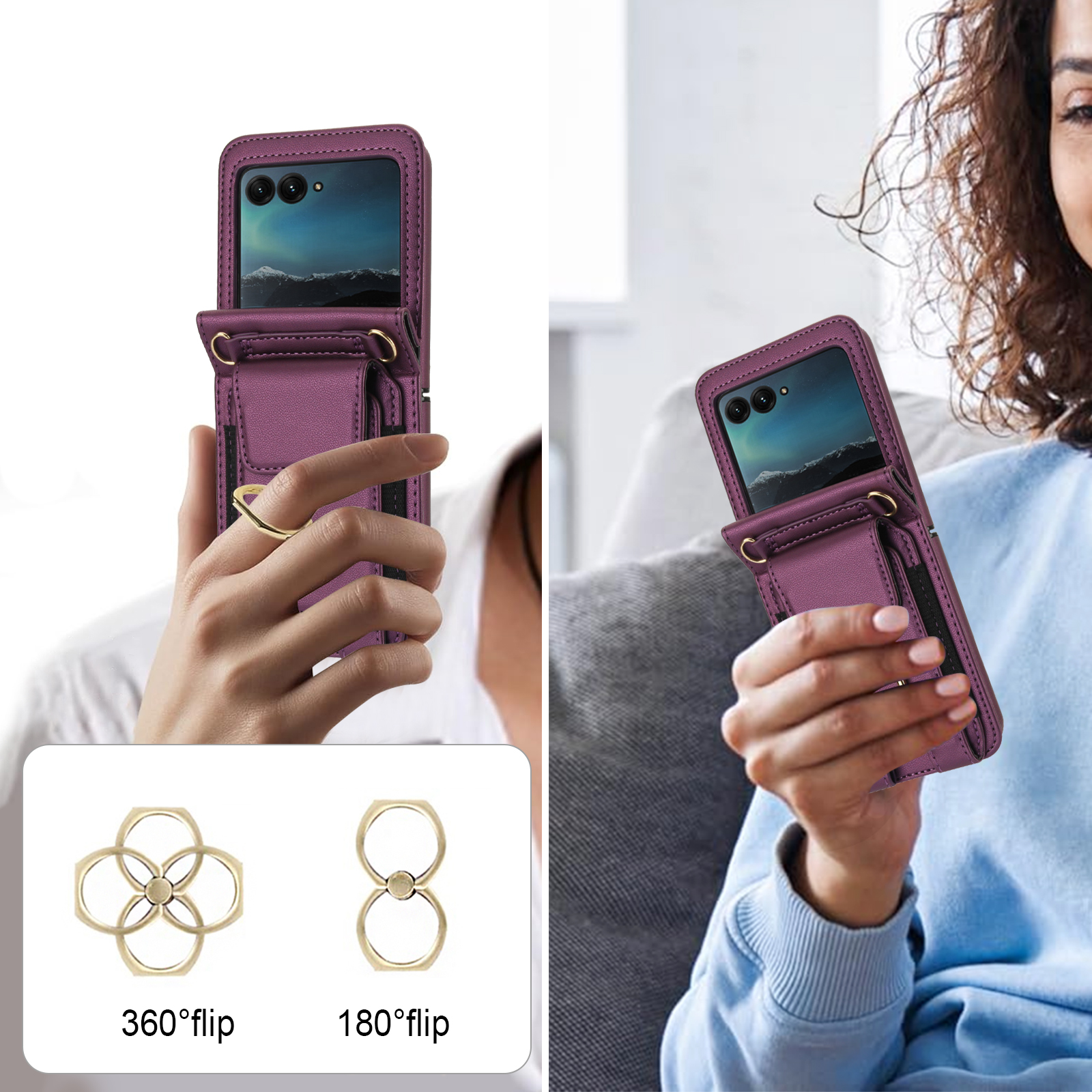 for Motorola Razr 2024 Case, Retro PU Leather Shockproof Protection Phone Case Wallet Built in Credit Card Slots Flip Cover Finger Ring Stand with Long Strap + Short Strap, Darkpurple
