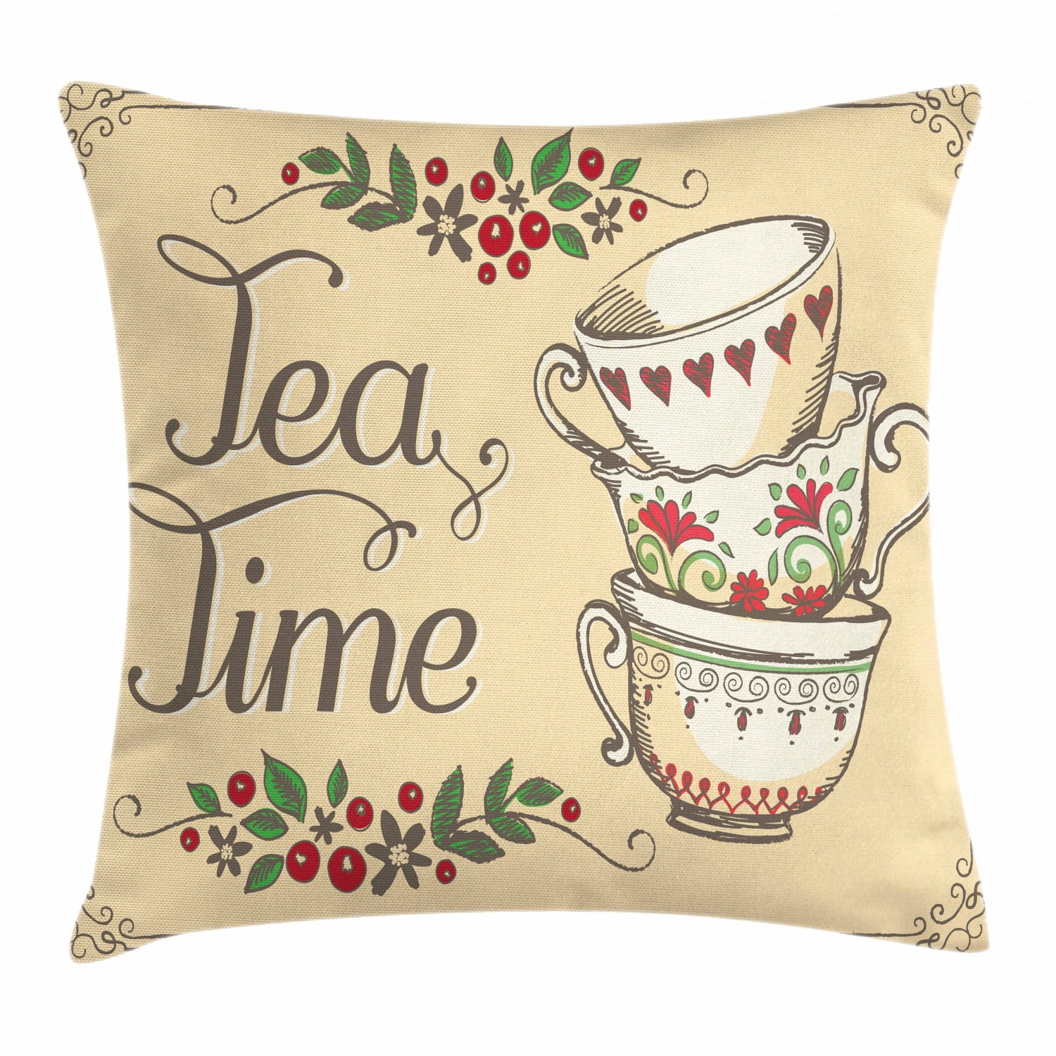 Tea Throw Pillow Cushion Cover, Ornamental Coffee Tea Cups with Flowers