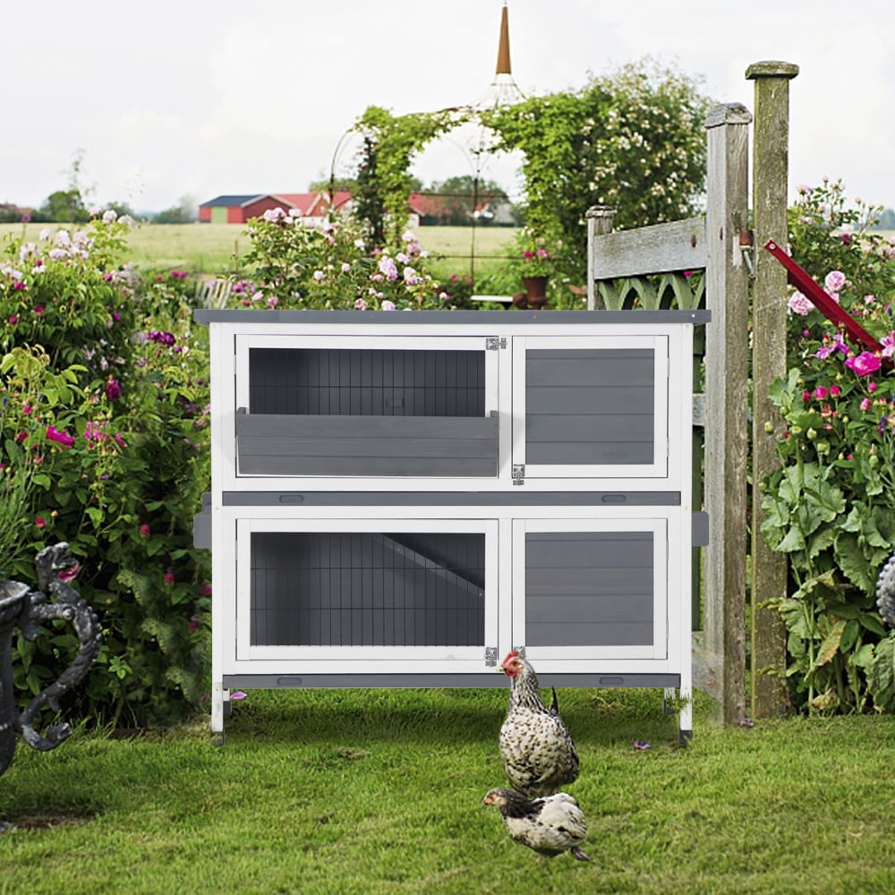 Lowestbest 48" Two Floors Wooden Rabbit Hutch, Chicken Coop House Wooden, Small Animal Cage with Ramp and Tray, White&Gray Lowestbest 48" Two Floors Wooden Rabbit Hutch, Chicken Coop House Wooden, Small Animal Cage with Ramp and Tray, White&Gray
