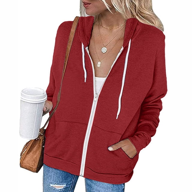 Sudadera con capucha informal de manga larga con cremallera para mujer, sudaderas con capucha, chaqueta con capucha de color sólido con bolsillos, rojo vino XXL