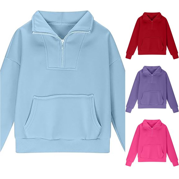 MEZZALL Girls Hood Half Zip Sweatshirt Quarter Zip Pullover Sweatshirts With Pocket Hoodie Fall Clothes Solid Color Long Sleeve Tops , Light Blue
