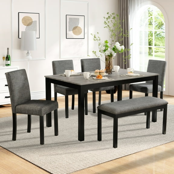 Grey & Black Dining For 6 With Bench And Table - Chairs Stable Construction