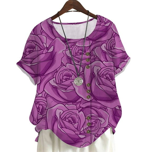 CLOOCL Short Sleeve Women Blouse Purple Rose 3D Printed Tee Tops Oversized