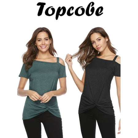 Women's Cold Shoulder Pullover Tops for Women, Blue / Green Short Sleeve O-Neck Blouse and Tops for Juniors, Soft Solid Color T-Shirt Front Knot Twist Tunic Tops for Ladies, S-2XL