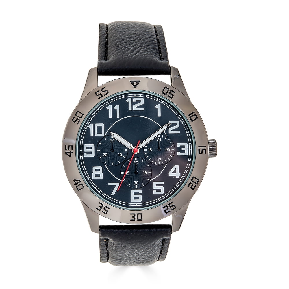 George 44mm Men's Gunmetal Tone Sport Bezel Easy Read Black Stitched Strap Watch