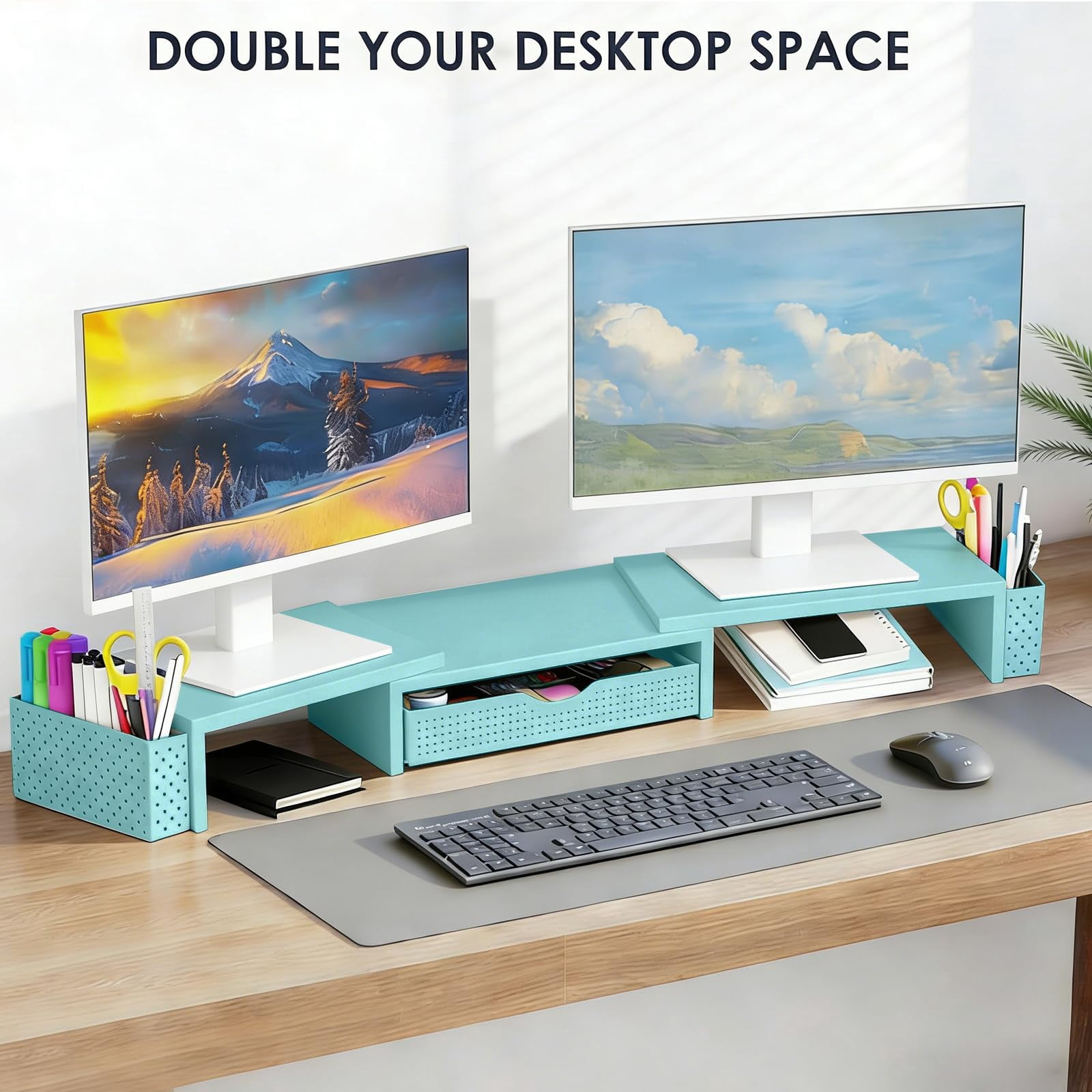 Metal Desk Organizers And Accessories  Dual Monitor Stand Riser With Drawer 2 Pen Holders & Workspace Desktop For Office Supplies (blue)