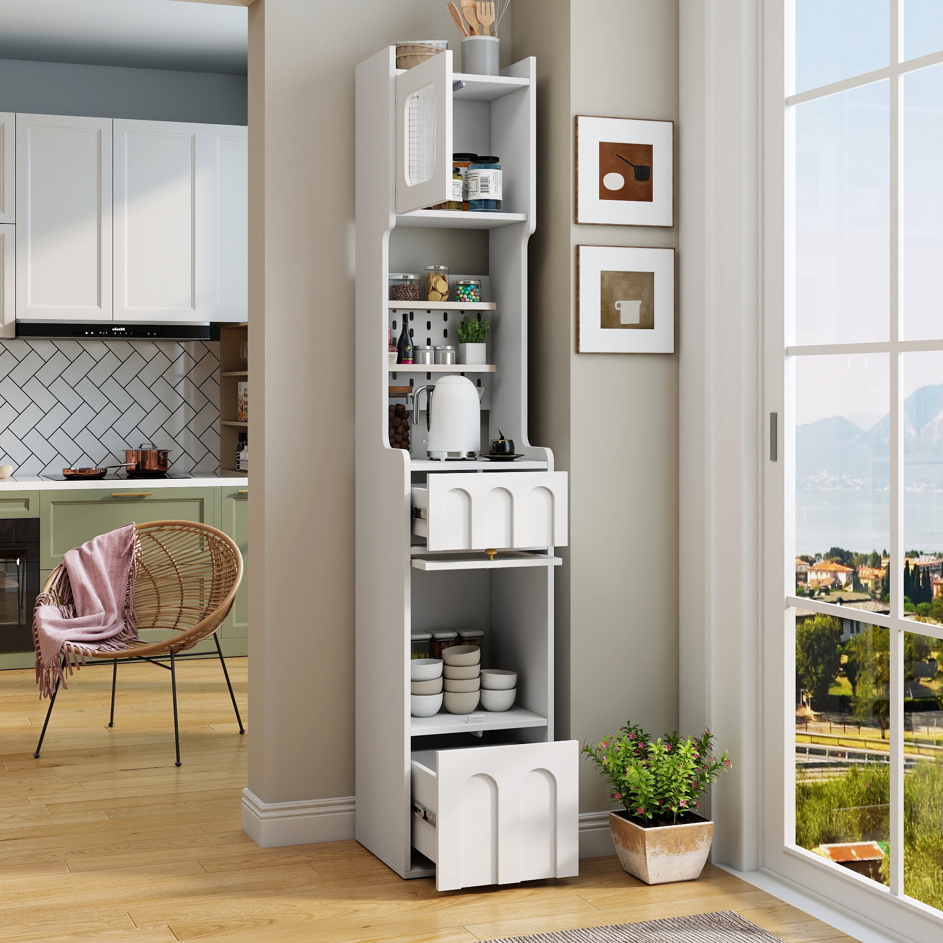 Tall Bathroom Storage Cabinet Narrow Unit with 2 Drawers Glass Door, White