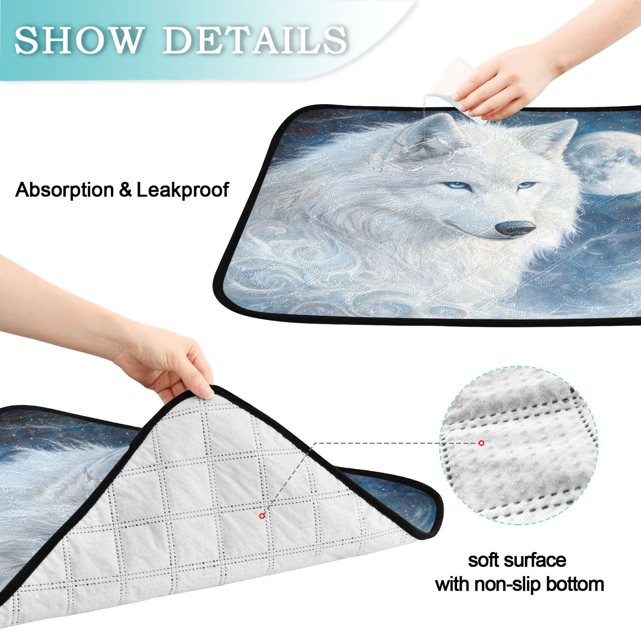 Qxltty Cool White Wolf Cat litter Pads Pet Set of 3 Diaper Mats Center Anti-leakage Layer Absorbent Soft and Comfortable