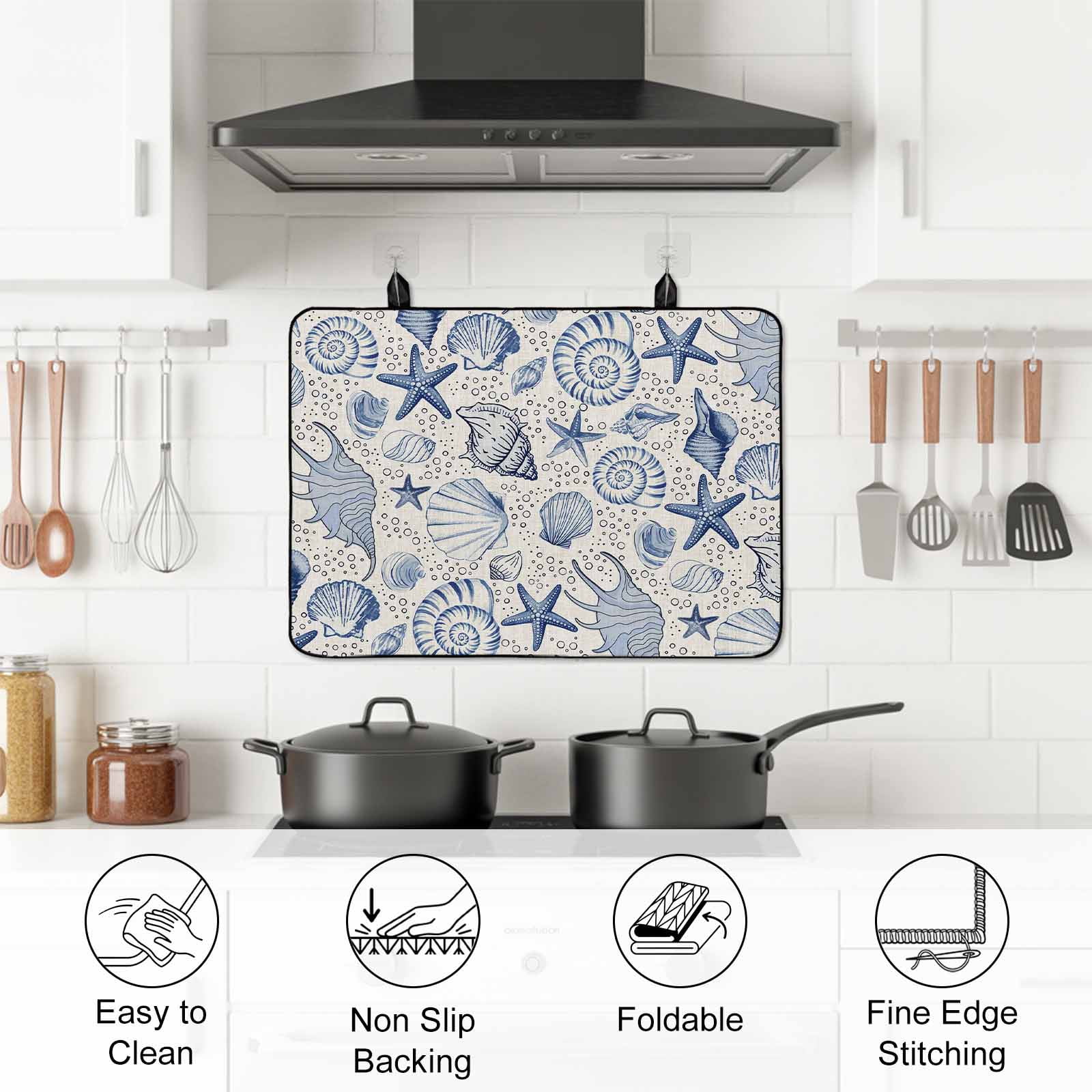 Navy Blue Coastal Stove Top Cover for Electric Stove, Heat-proof & Non Slip Glass Top Stove Cover Protector, Nautical Ocean Shell Starfish Sea Rustic Kitchen Flat Cooktop Rubber Mat 24x21 Inches