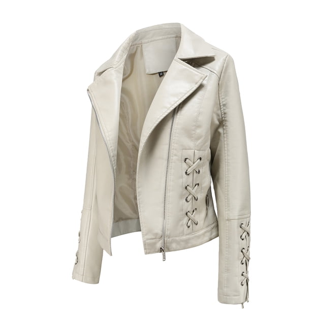 WEIYLL Womens Fleece Jacket Zipper Leather Soft Motorcycle Leather Beige Ladies Fall Tops And Blouses Size 2XL