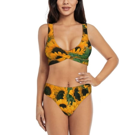 Zeuib Sunflowers 7 High Waisted Tummy Control Bikini Set - Knot Front Push Up Top & Cheeky Thong Bottom  Two-Piece Swimsuit for Women-X-Large