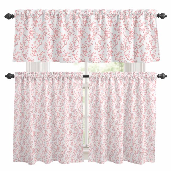 Pink Spring Floral Kitchen Curtains Sets for Windows 24 Inch Length, Summer Botanical Watercolor Rod Pocket Window Treatments Tier Curtains and Valances Set for Bedroom/Bathroom