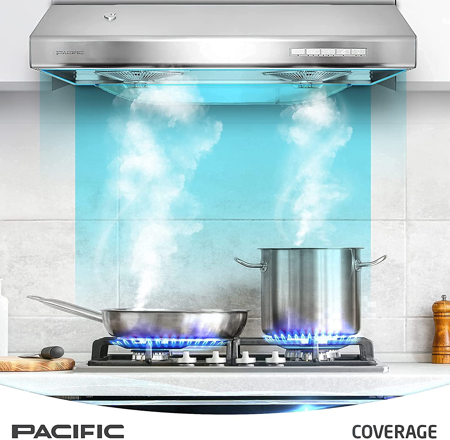 Pacific Kitchen Vent Hood AC3000BS – 30 Inch Under Cabinet Range Hood – Filterless Modern Stainless Steel Hood Vent with 900 CFM Suction, Dual Fans, LED Touch Controls and Auto-Clean Function