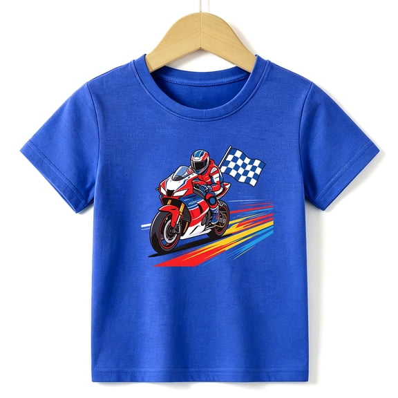 Boys Graphic Tees Motorbike Kids T Shirt Racing Sports 100% Cotton Short Sleeve Soft Tops 4-13Y Blue