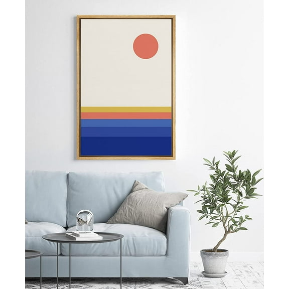 PixonSign Framed Canvas Print Wall Art Neon Sea Horizon Below Orange Sun Abstract Wilderness Illustrations Modern Art Rustic Multicolor Neon Boho Decor for Living Room, Bedroom - 24"x36" Natural
