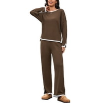 ATHLECHIC Women's Lounge Matching Sets 2 Piece Outfits Casual Long Sleeve Sweater Top Wide Leg Pants L Coffee