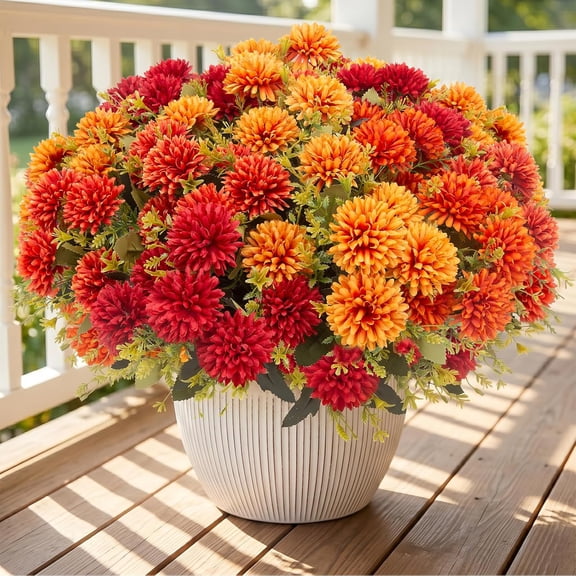 12 Pcs Artificial Fall Flowers for Outdoors, UV Resistant Fake Mums Chrysanthemums Marigolds, Autumn Vintage Floral Arrangements for Farmhouse Outside Decor