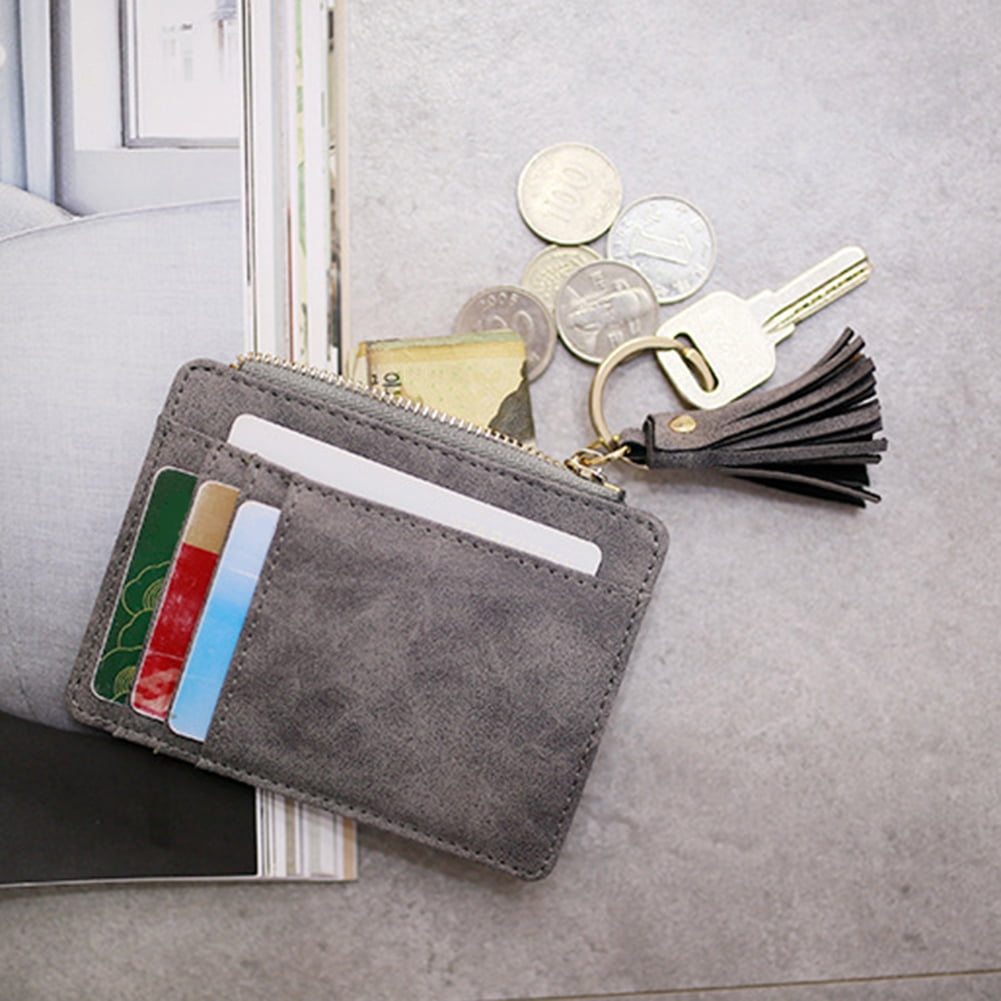 Visland Faux Leather Mini Tassel Pendant Women Card Holder Coin Purse Keychain Wallet Gray