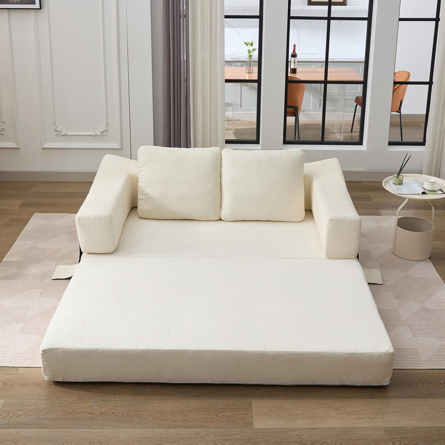 Demi Bonn 70" Modern Minimalist Convertible Sofa Bed, Fold-Out Sofa Chair, Versatile Floor Couch & Mattress for Living Room, Bedroom, Apartment, Removable Backrest, White