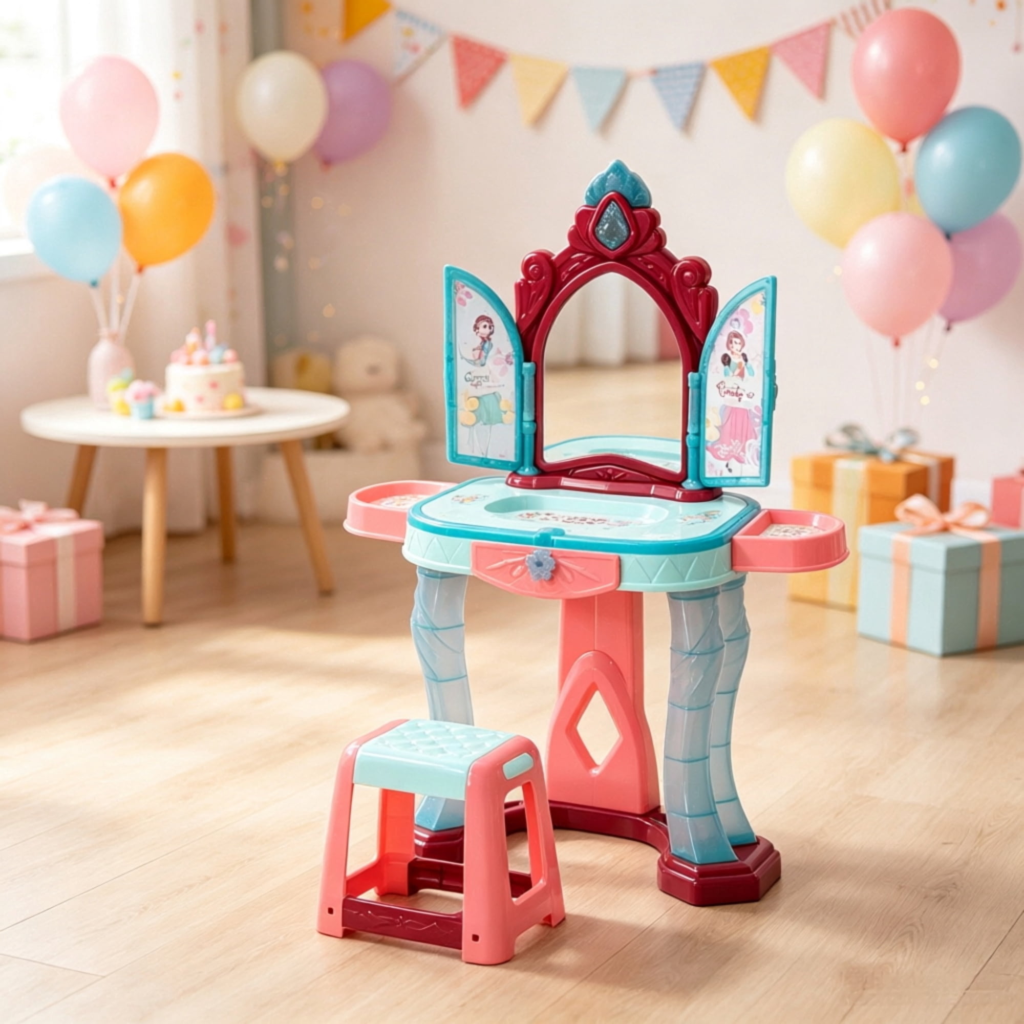 AsterOutdoor Kids Princess Vanity Set Self-Opening Magic Mirror Makeup Vanity Table for Pretend Play Activity 3-6Y