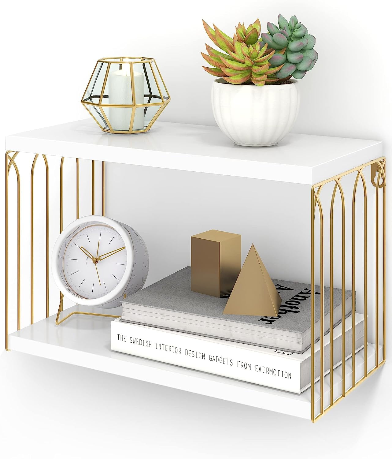 Afuly White Floating Nightstand Wall Mounted, Pine Wood Gold Metal Wall