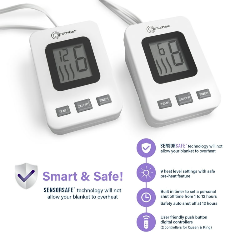 SensorPEDIC Electric Warming Blanket with SensorSafe Two Digital Controllers Queen Ivory