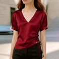 thumbnail image 5 of cocolona Womens Summer Satin Tops V Neck Short Sleeve Drawstring Side Slim Fit Shirt Trendy Casual Solid Color Blouses, 5 of 5