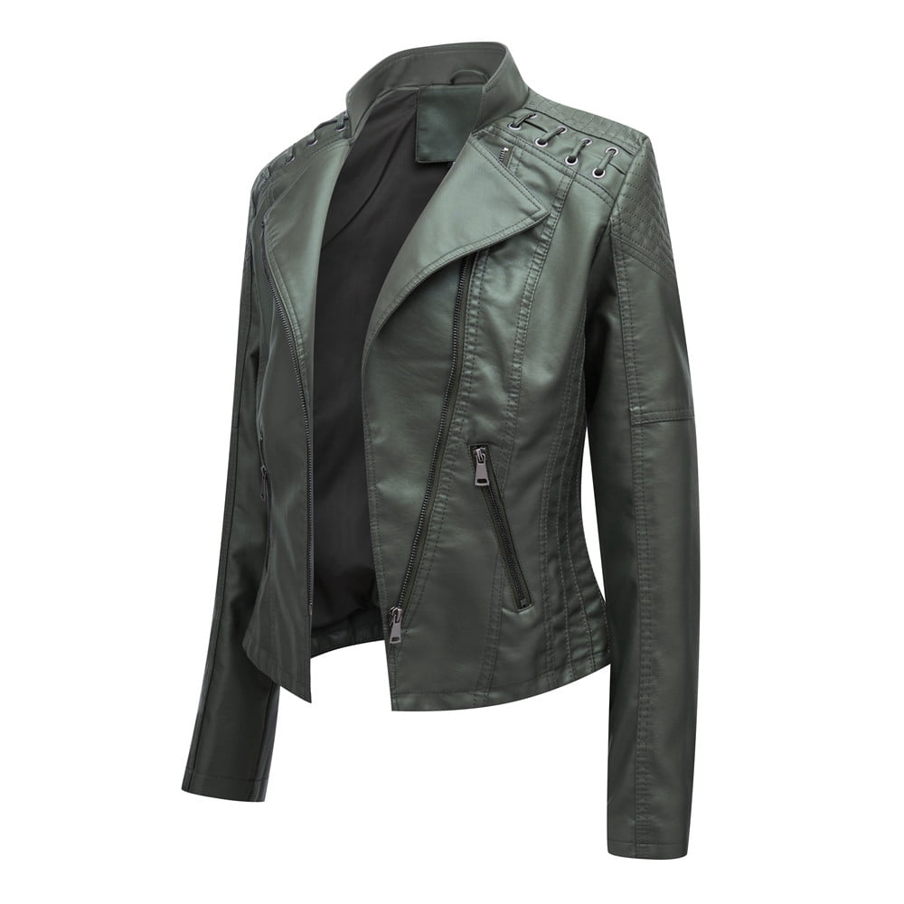 QATAINLAV Women's Faux Leather Moto Jacket Casual Short Solid Color Biker Coat Ladies Zip Up Open Front Lapel Motorcycle Outwear with Pockets, Army Green, L