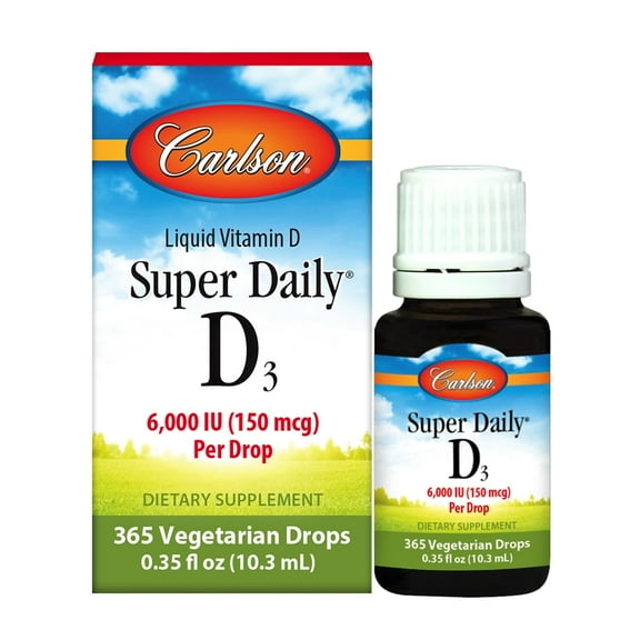 Carlson - Super Daily D3, 6,000 IU (150 mcg) per Drop, Vitamin D Drops, 1-Year Supply, Vegetarian, Unflavored, 365 Drops