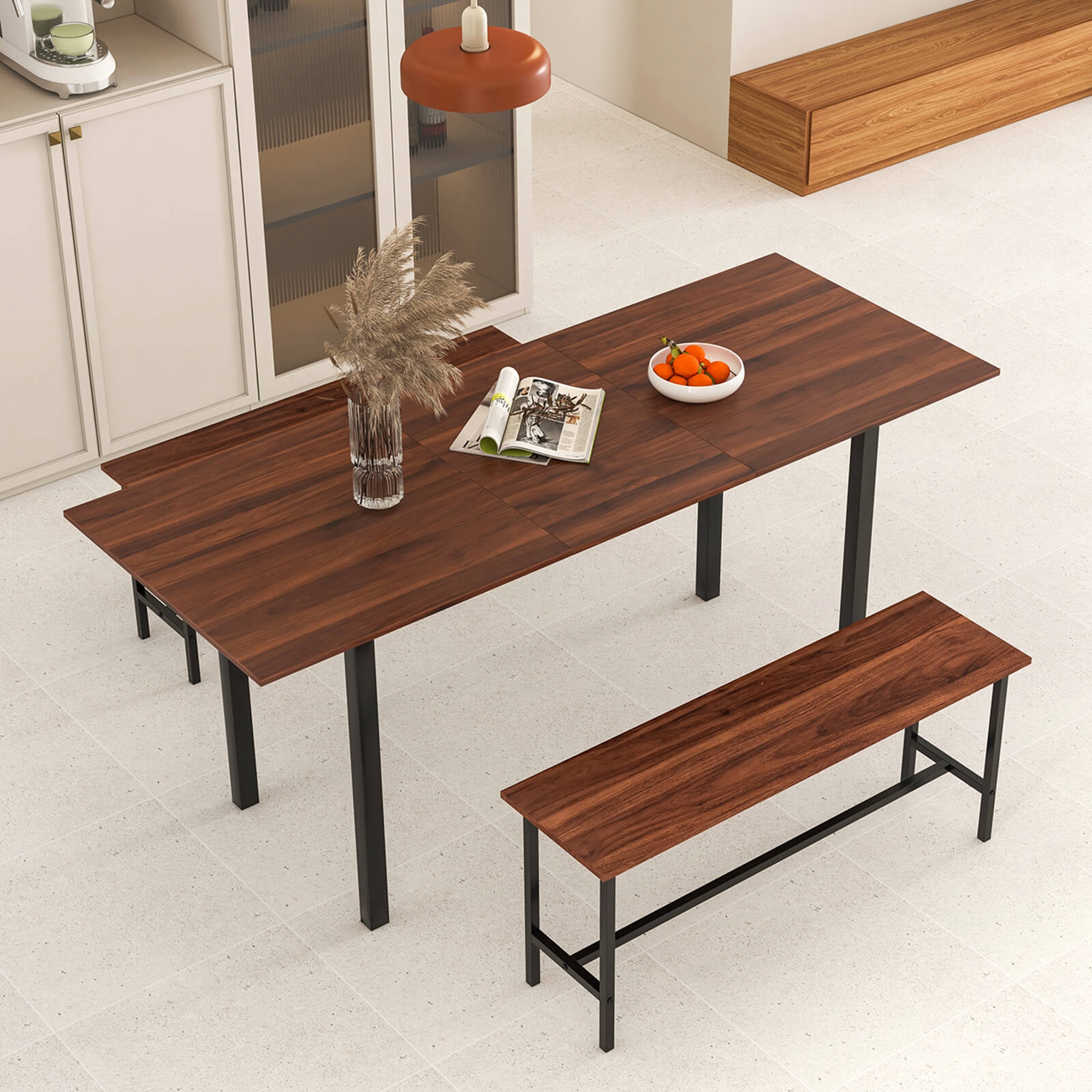 Costway 3 Piece Dining Table Set for 4-6  63"Kitchen Table with 2 Benches Metal Frame Walnut
