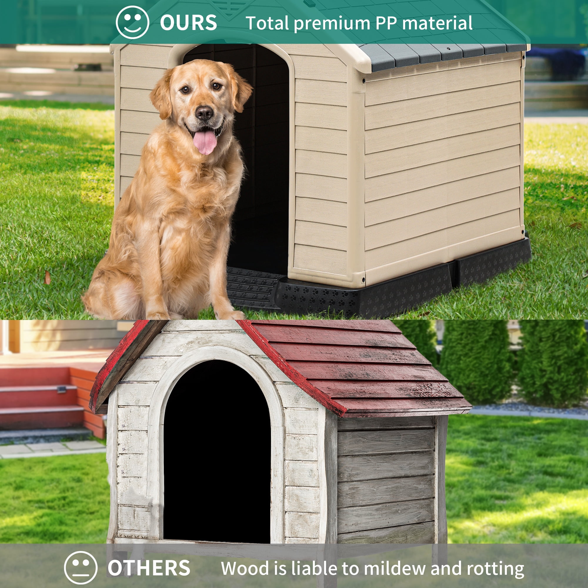 Dextrus Large Plastic Dog House Outdoor Indoor Doghouse Puppy Shelter Water Resistant Easy Assembly Sturdy Dog Kennel with Air Vents and Elevated Floor (41''L*38''W*39''H, Gray+Brown)