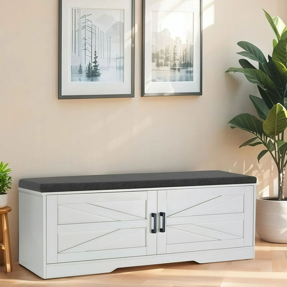 White Storage Bench With Padded Seat Cushion, 2 Adjustable Shelves For Entryway And Living Room Organization