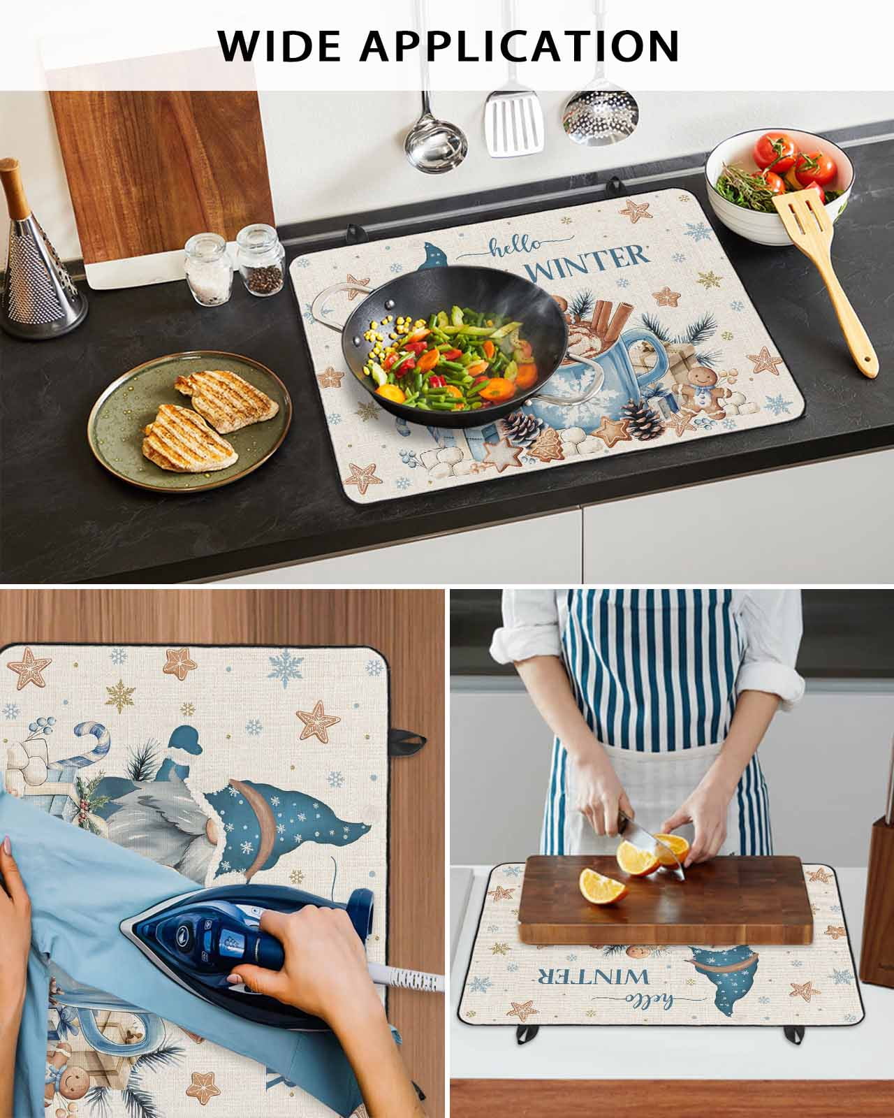 Large Induction Cooktop Protector Mat Blue Gnomes Christmas Stove Top Covers for Electric Stove, Xmas Gifts Snowflake Winter Rustic Decorative Stove Burner Cover Mats, Glass Top Stove Cover