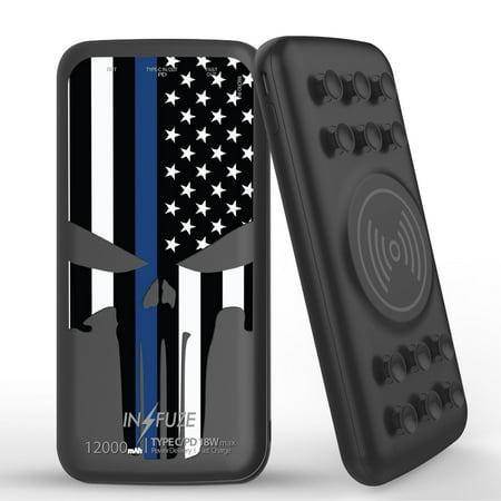 

INFUZE Qi Wireless Portable Charger for Orbic Myra 5G External Battery (12000 mAh 18W Power Delivery USB-C/USB-A Quick Charge 3.0 Ports Suction Cups) with Touchless Tool - Thin Blue Line Skull Flag