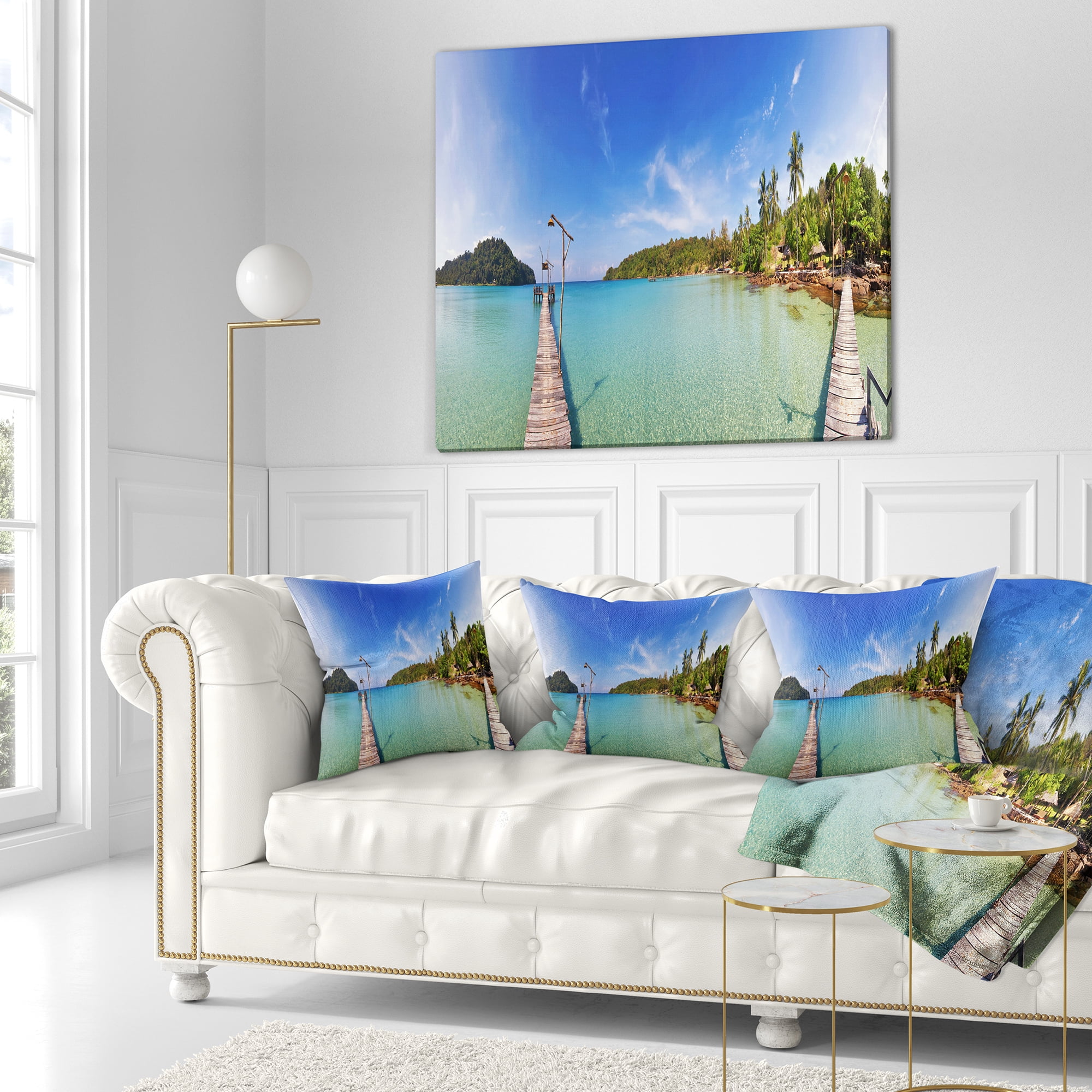 Designart Piers and Palm Trees on Island - Landscape Photography Throw Pillow - 18x18