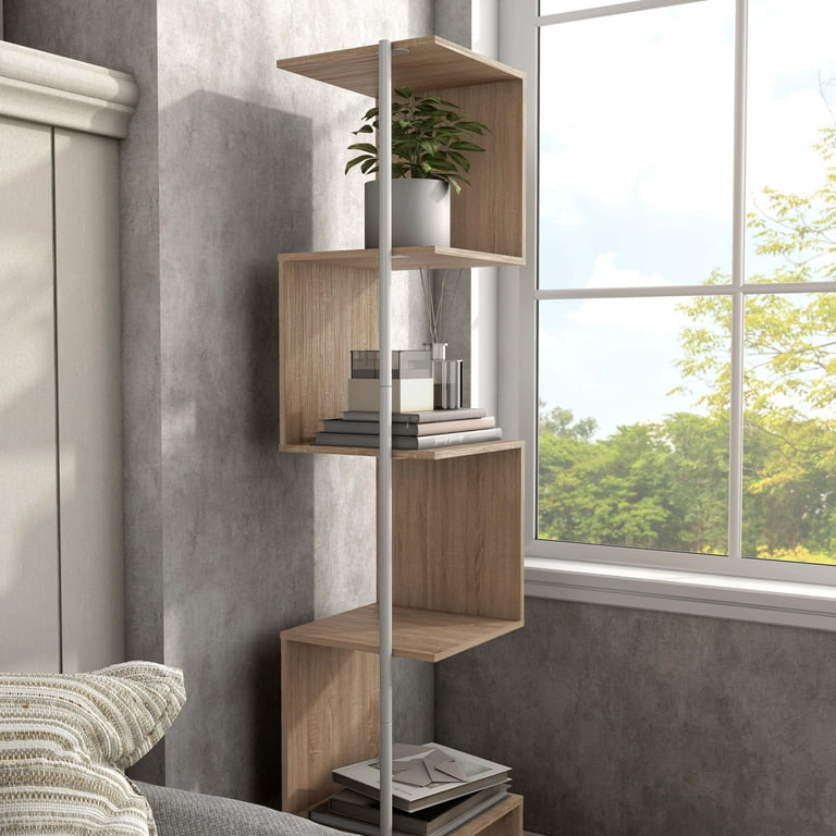 24 7 Shop At Home Penz Two Tone 5 Tier Corner Bookcase Natural Book Shelf Stand Corner Shelf Unit Small Space Organizers and Storage Corner Stands with White Metal Walmart