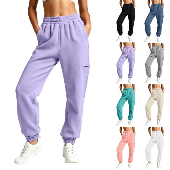 Women's Solid Color Jogger Pants, Elastic Drawstring Waist Casual Long Trousers with Dual Side Pockets, Comfort Loose Fit Bottoms for Sports and Daily Wear Purple XL(XL)