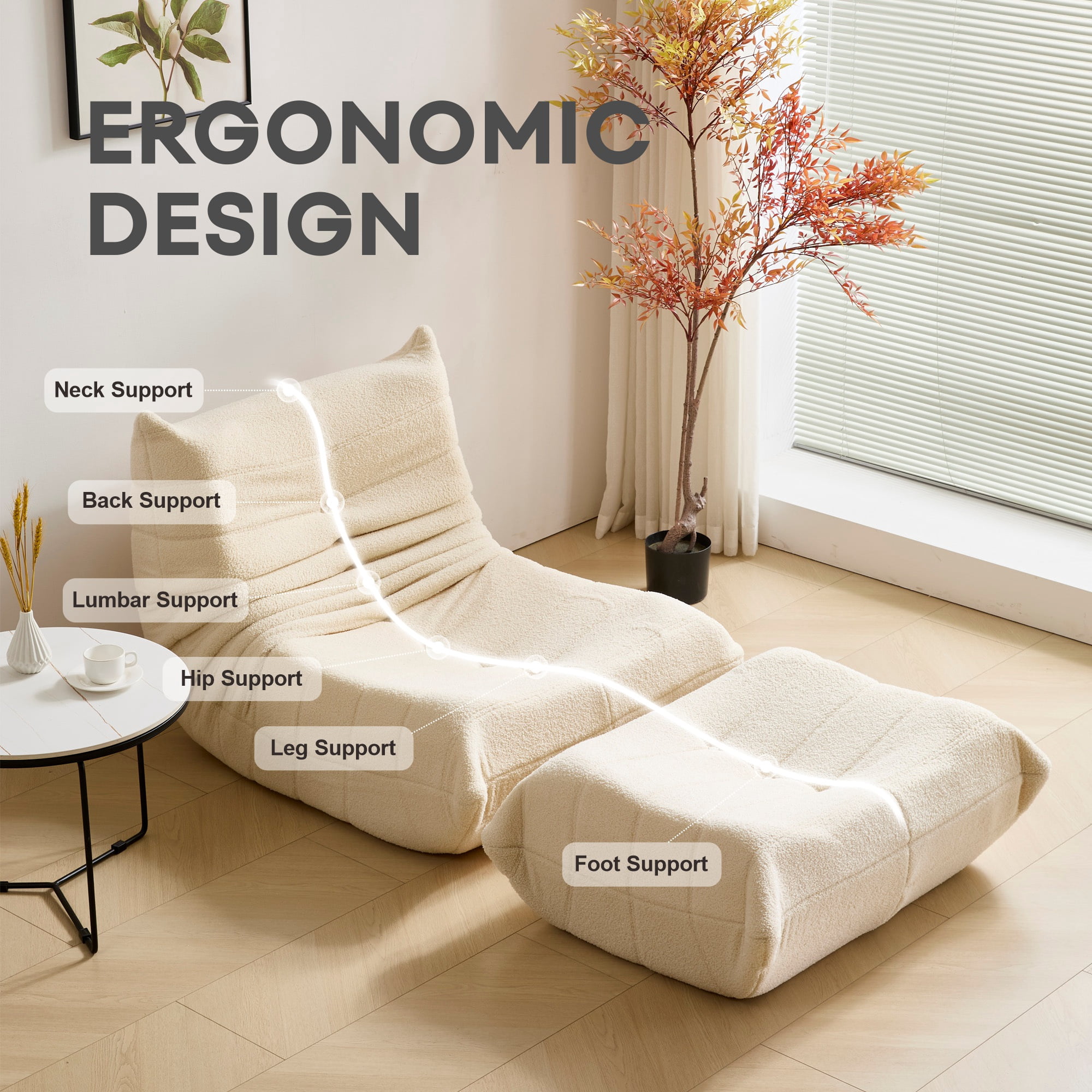 Evita High Density Memory Foam Lounge Chair for Living Room Bedroom Office (White-Single Chair with Ottoman)