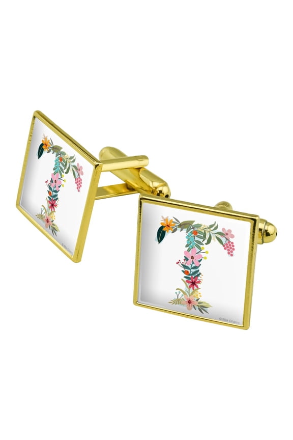 Letter T Floral Monogram Initial Square Cufflink Set - Silver or Gold