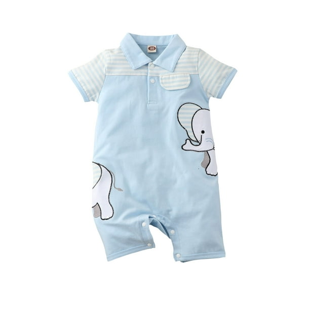 Puloru Baby Striped Elephant/Car/Animal Pattern Short Sleeve Lapel Romper -  