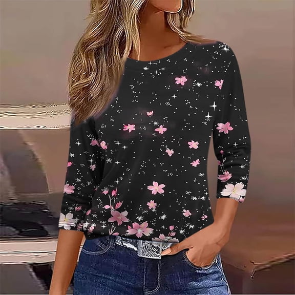 Jsaierl 3/4 Sleeve Tops for Women Summer Crew Neck Shirts Boho Graphic Petite Blouses Workout Holiday Tunic Top S-5XL