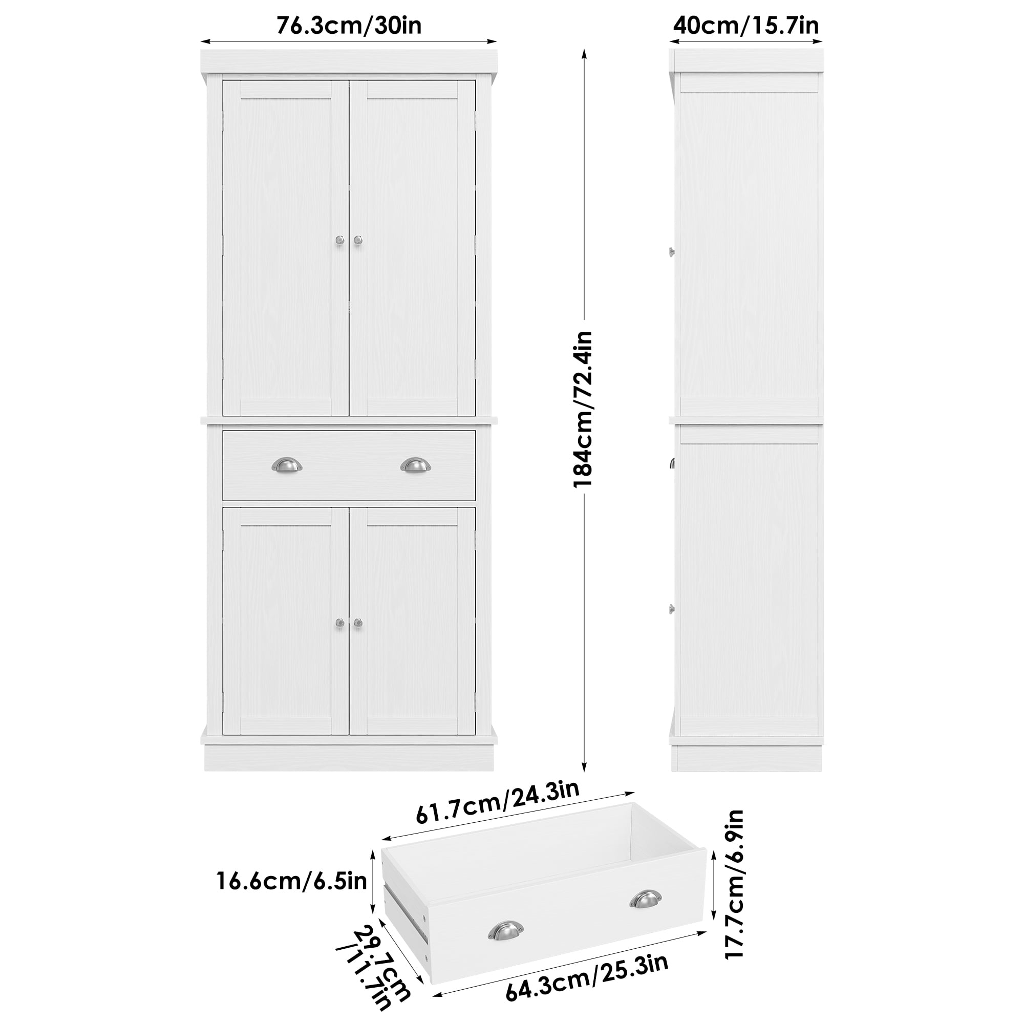 Homfa 72.4'' Tall Kitchen Pantry with 4 Doors, Large Drawer Shelves Wood Pantry Storage Cabinet for Dining Room Living Room, White