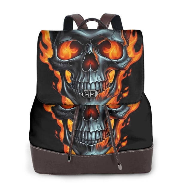 Disketp Flame Metal Skull Mochila de Cuero para Mujer, Bolso de Espalda Antirrobo con Estilo para Viaje, Trabajo y Uso Diario
