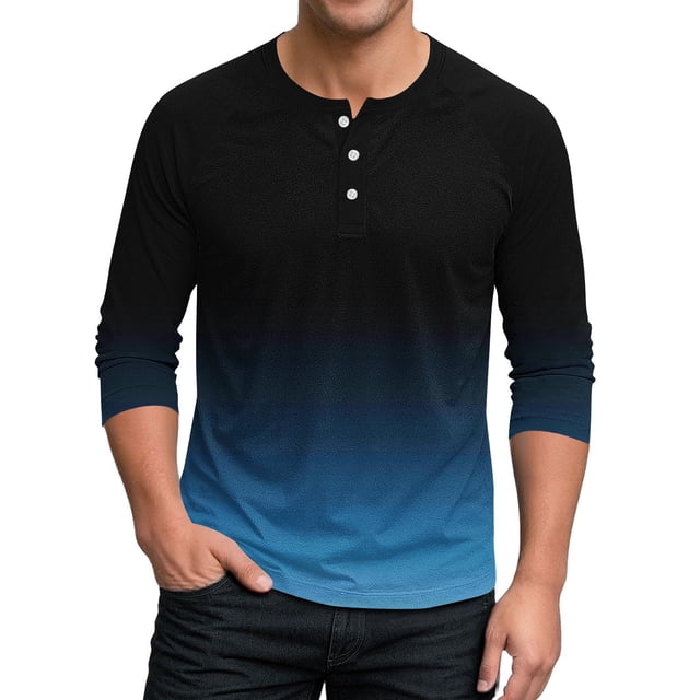 Blusas y camisas de manga larga con cuello redondo para hombre, estilo casual, moderno, con cuello redondo degradado, botones, manga 3/4, blusa de poliéster para hombre