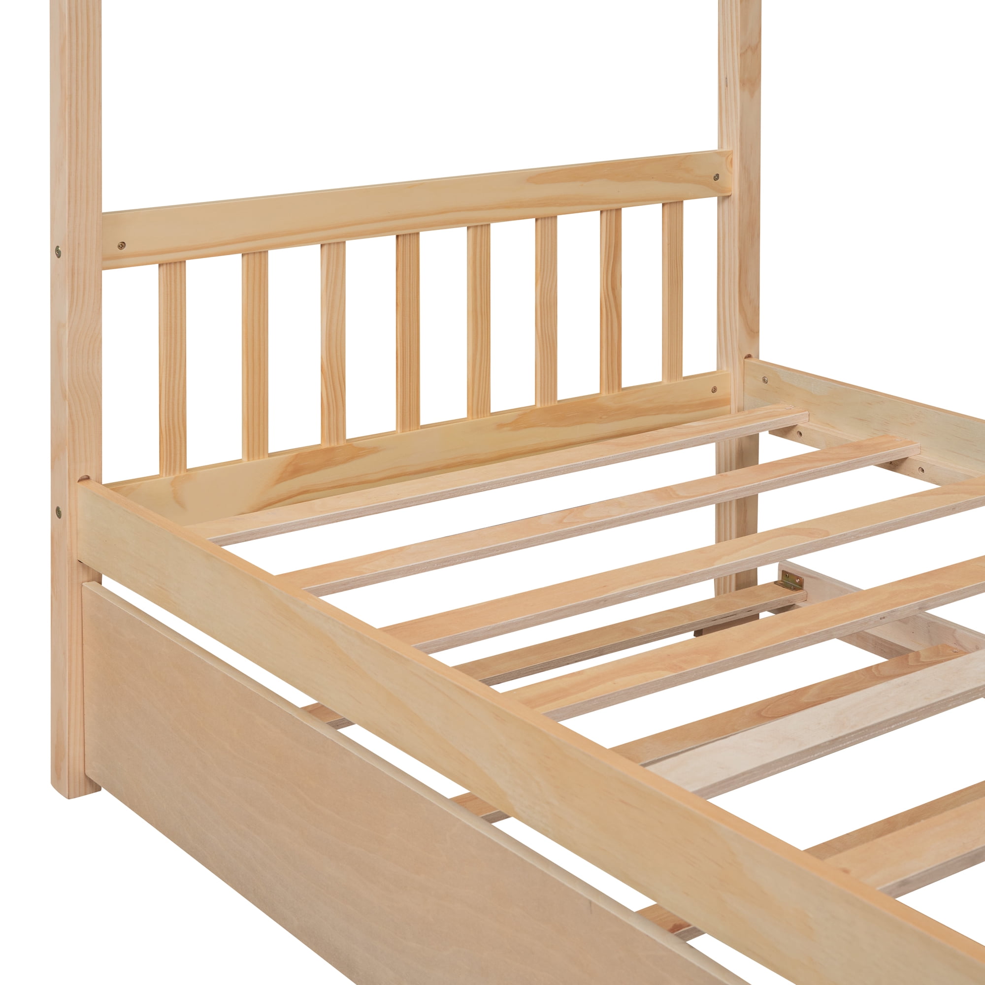 Bellemave Twin Size House Bed with Trundle, Wood Platform Bed Frame with House Shape Roof forTeens(Natural)