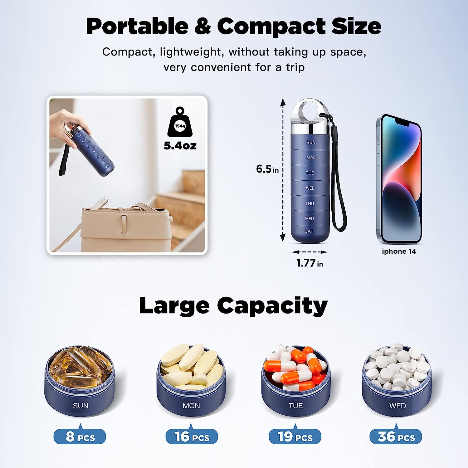 Metal Travel Pill Organizer, Portable Waterproof Weekly Pill Box, Large Aluminum Alloy Pill Case Container, BPA Free 7 Day Daily Medicine Organizer Holder for Vitamin, Fish Oil, Supplement