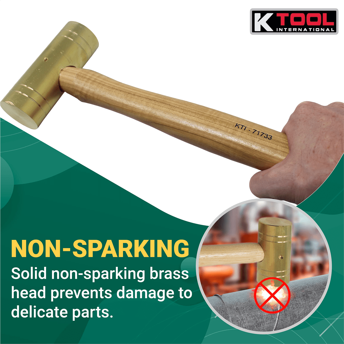 K Tool International 71733 32 oz. Brass Ball Pein Hammer with Hickory Wooden Handle for Garages, Repair Shops and DIY, Solid Brass Head, Non Sparking, 1-1/2" Head, A